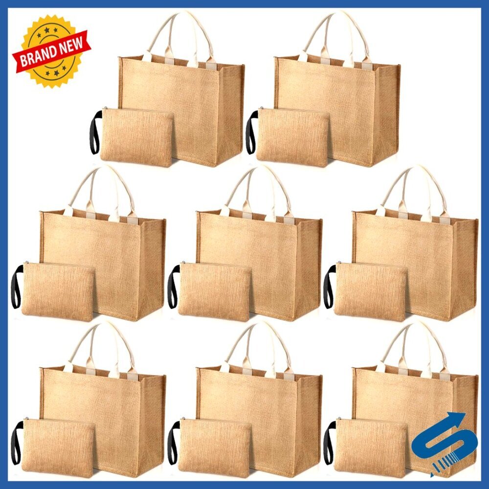 Jute Tote Bags Bulk Set Reusable Burlap Beach Bags with Cosmetic Cases